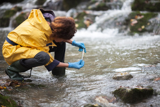 Une scientifique fait un prélevement d'eau dans une rivière